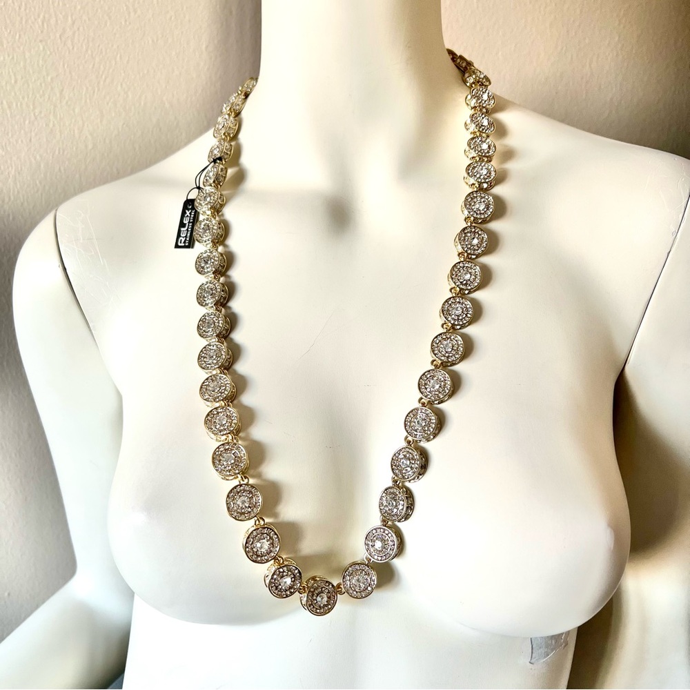 New w/ Tag REFLEX Gold Tone Necklace w/ Sparkling White Crystals